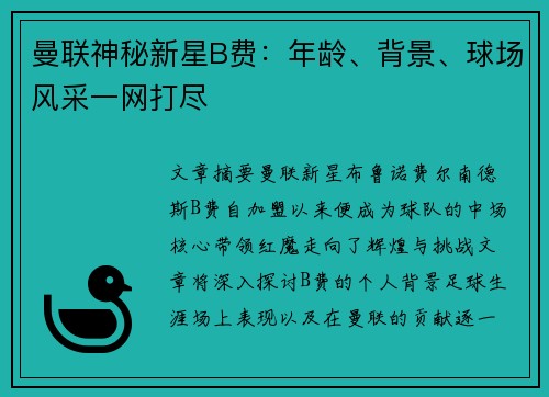 曼联神秘新星B费:年龄、背景、球场风采一网打尽